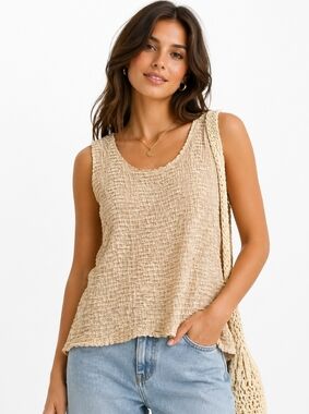 Vintage Plissé Textured Tank Top Gold Crinkle Stretch Sleeveless Med